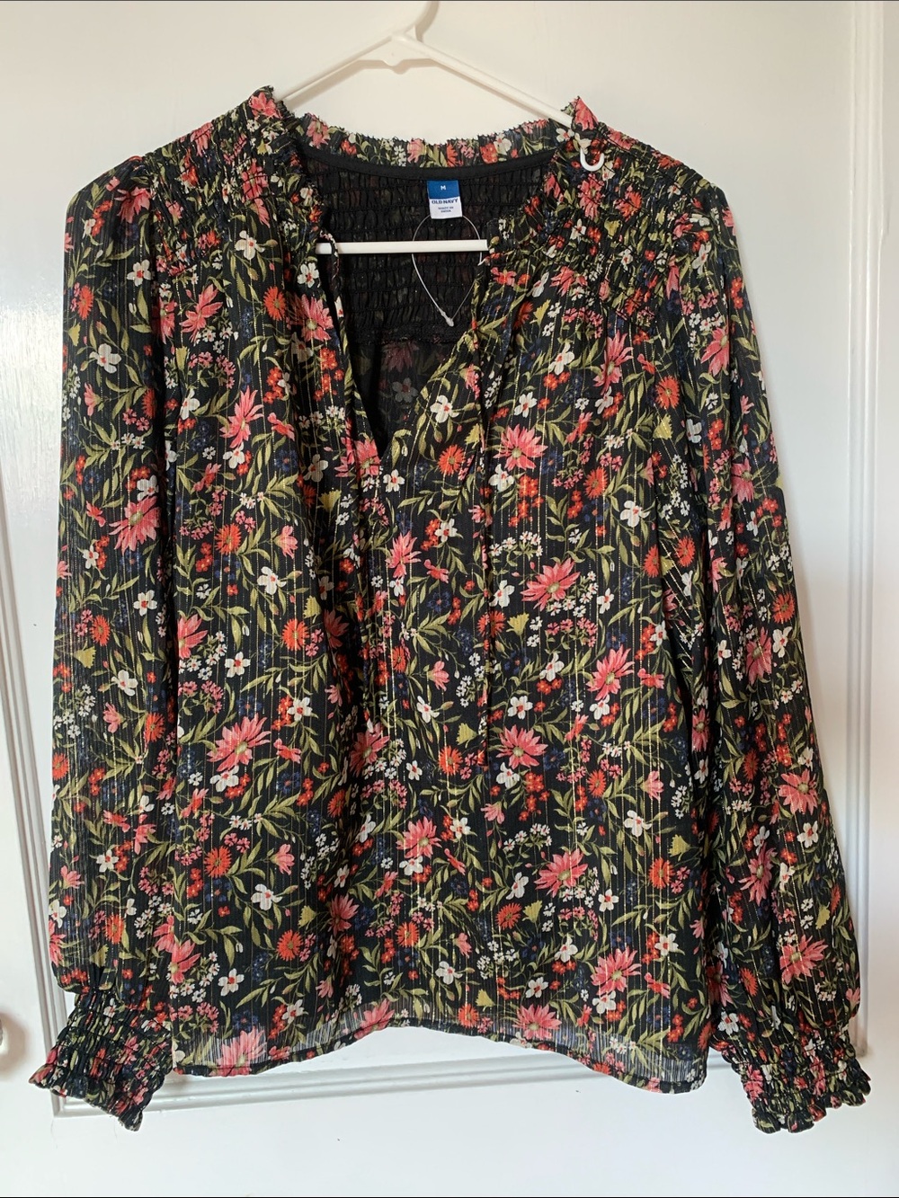 Old Navy Black Floral Smocked Long-Sleeve Blouse